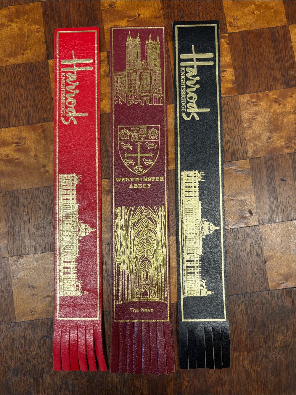 Harrods Leather Tassel Bookmarks in Red, Burgundy & Black with Gold Foil